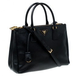 Pre Owned Prada Black Saffiano Leather Medium Double Zip Tote