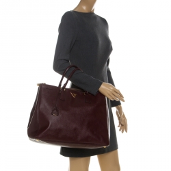 Pre Owned Prada Burgundy Saffiano Leather Executive Double Zip Tote