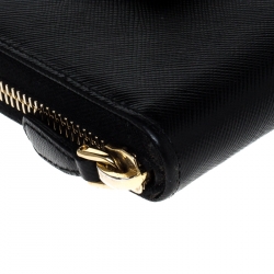 Pre Owned Prada Black Saffiano Lux Leather Bow Zip Around Wallet 