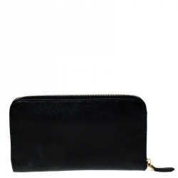 Pre Owned Prada Black Saffiano Lux Leather Bow Zip Around Wallet 