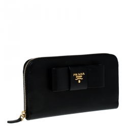 Pre Owned Prada Black Saffiano Lux Leather Bow Zip Around Wallet 
