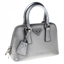 Pre Owned Prada Metallic Silver Saffiano Leather Mini Promenade Crossbody Bag