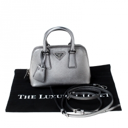 Pre Owned Prada Metallic Silver Saffiano Leather Mini Promenade Crossbody Bag