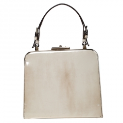 Pre Owned Prada Beige Logo Print Patent Leather Frame Top Handle Bag