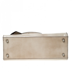 Pre Owned Prada Beige Logo Print Patent Leather Frame Top Handle Bag