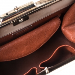 Pre Owned Prada Beige Logo Print Patent Leather Frame Top Handle Bag