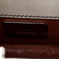 Pre Owned Prada Beige Logo Print Patent Leather Frame Top Handle Bag