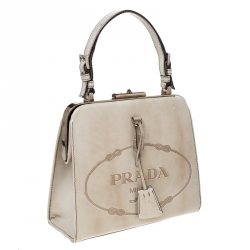 Pre Owned Prada Beige Logo Print Patent Leather Frame Top Handle Bag