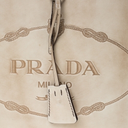 Pre Owned Prada Beige Logo Print Patent Leather Frame Top Handle Bag