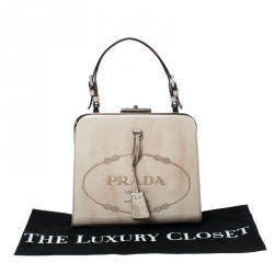 Pre Owned Prada Beige Logo Print Patent Leather Frame Top Handle Bag