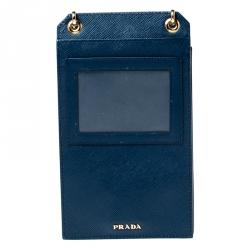 Pre Owned Prada Blue Leather Saffiano Phone Holder Crossbody Bag