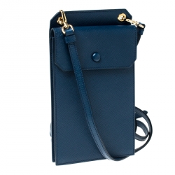 Pre Owned Prada Blue Leather Saffiano Phone Holder Crossbody Bag