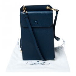 Pre Owned Prada Blue Leather Saffiano Phone Holder Crossbody Bag