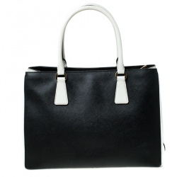 Pre Owned Prada Black/White Saffiano Lux Leather Medium Tote
