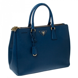 Pre Owned Prada Blue Saffiano Lux Leather Large Double Zip Tote