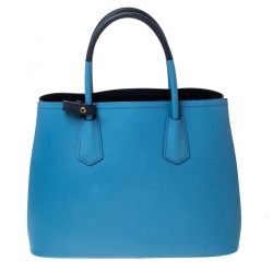 Pre Owned Prada Blue Saffiano Cuir Leather Medium Convertible Tote