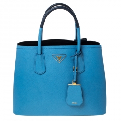 Pre Owned Prada Blue Saffiano Cuir Leather Medium Convertible Tote