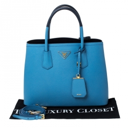 Pre Owned Prada Blue Saffiano Cuir Leather Medium Convertible Tote