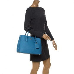 Pre Owned Prada Blue Saffiano Cuir Leather Medium Convertible Tote