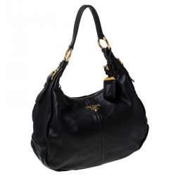 Pre Owned Prada Black Vitello Daino Leather Zip-Top Hobo