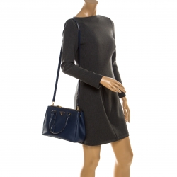 Pre Owned Prada Blue Saffiano Lux Leather Small Double Zip Tote