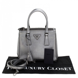 Pre Owned Prada Silver Saffiano Lux Leather Mini Double Zip Tote