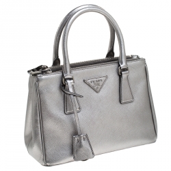 Pre Owned Prada Silver Saffiano Lux Leather Mini Double Zip Tote