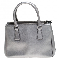 Pre Owned Prada Silver Saffiano Lux Leather Mini Double Zip Tote