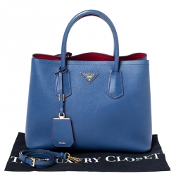 Pre Owned Prada Blue Saffiano Cuir Leather Double Handle Tote