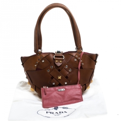 Pre Owned Prada Brown Woven Leather Studded Lattice Tote