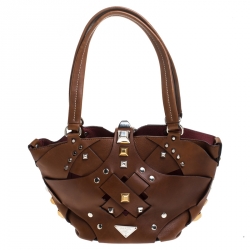 Pre Owned Prada Brown Woven Leather Studded Lattice Tote