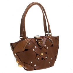 Pre Owned Prada Brown Woven Leather Studded Lattice Tote