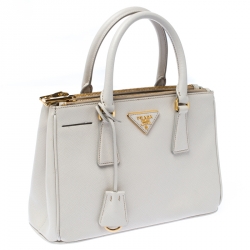 Pre Owned Prada White Saffiano Lux Leather Mini Galleria Double Zip Tote