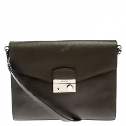 Pre Owned Prada Olive Green Saffiano Lux  Leather Flap Shoulder Bag