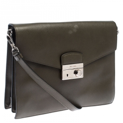 Pre Owned Prada Olive Green Saffiano Lux  Leather Flap Shoulder Bag