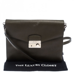 Pre Owned Prada Olive Green Saffiano Lux  Leather Flap Shoulder Bag