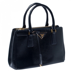 Pre Owned Prada Navy Blue Saffiano Patent Leather Mini Double Zip Tote