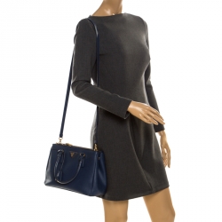 Pre Owned Prada Navy Blue Saffiano Patent Leather Mini Double Zip Tote