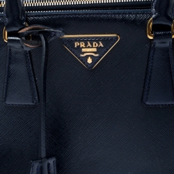 Pre Owned Prada Navy Blue Saffiano Patent Leather Mini Double Zip Tote