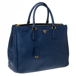 Pre Owned Prada Blue Saffiano Lux Leather Large Double Zip Tote