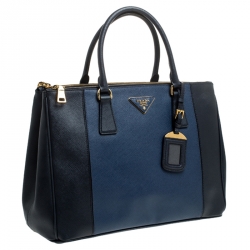 Pre Owned Prada Blue Bicolor Saffiano Lux Leather Medium Double Zip Tote