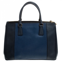 Pre Owned Prada Blue Bicolor Saffiano Lux Leather Medium Double Zip Tote