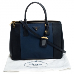 Pre Owned Prada Blue Bicolor Saffiano Lux Leather Medium Double Zip Tote