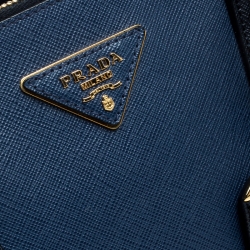 Pre Owned Prada Blue Bicolor Saffiano Lux Leather Medium Double Zip Tote