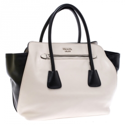 Pre Owned Prada Off White/Black Leather Shopper Tote