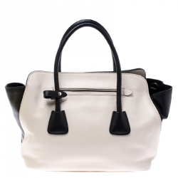 Pre Owned Prada Off White/Black Leather Shopper Tote