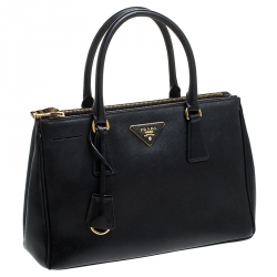 Pre Owned Prada Black Saffiano Lux Leather Small Double Zip Tote