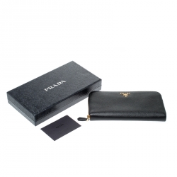 Pre Owned Prada Black Saffiano Leather Zip Around Wallet