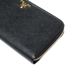 Pre Owned Prada Black Saffiano Leather Zip Around Wallet