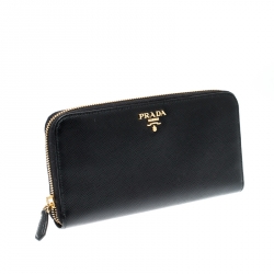 Pre Owned Prada Black Saffiano Leather Zip Around Wallet